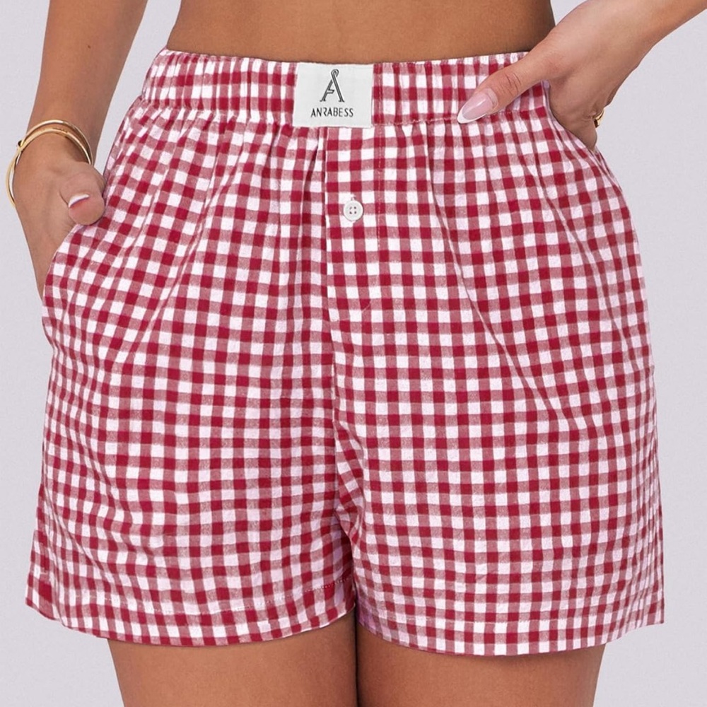 NWT ANRABESS Boxer Shorts for Women In A Red and White Gingham Print. Medium